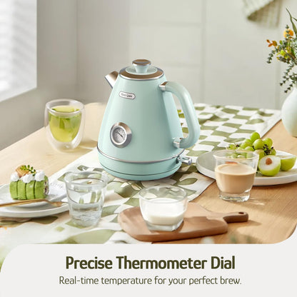 Hazel Quinn Retro Electric Kettle - 1.7 Liters / 57.5 Ounces Tea Kettle with Thermometer, All Stainless Steel, 1200 Watts Fast Boiling, BPA-free, Cordless, Automatic Shut Off.