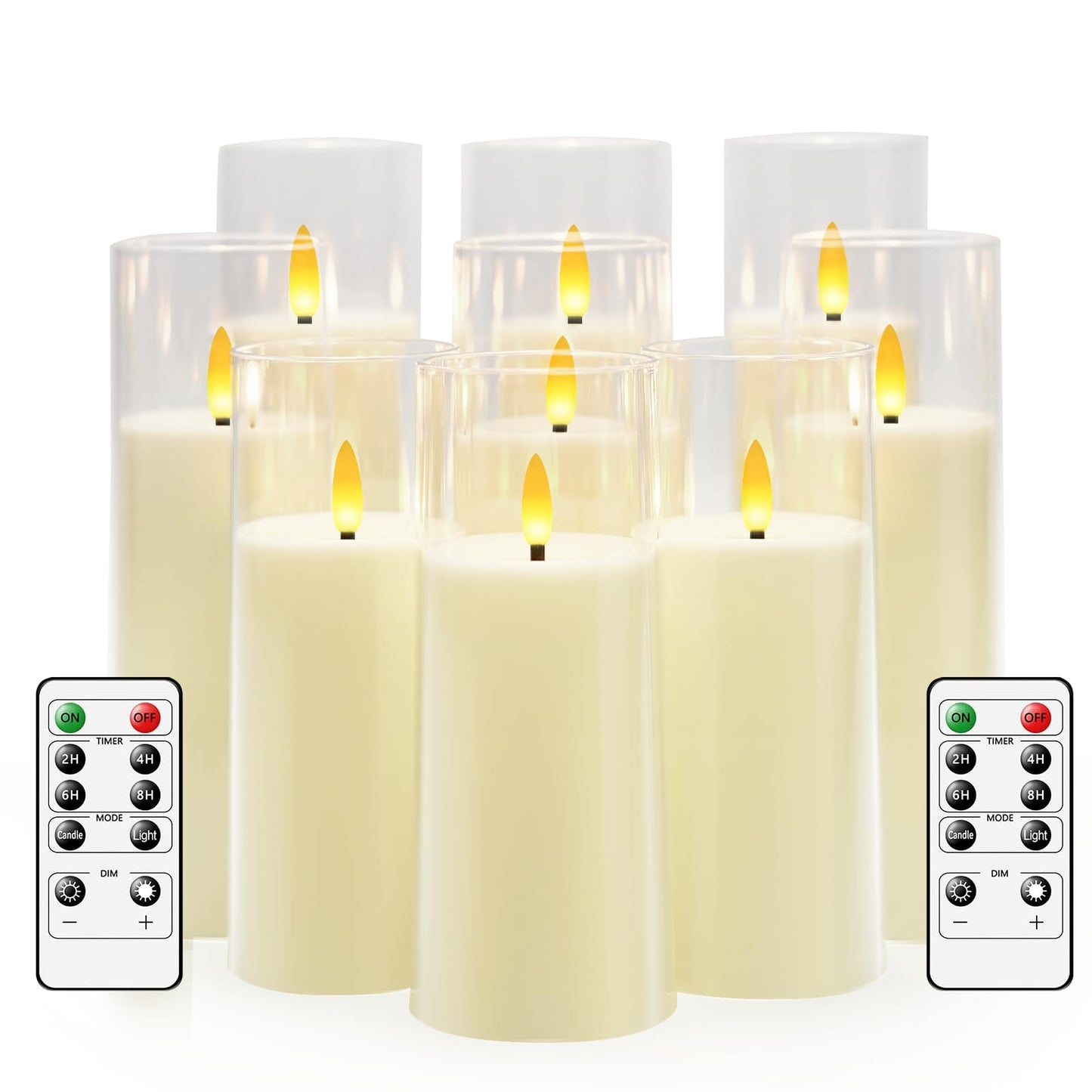 Flickering Flameless Candles Battery Operated with Remote and 2/4/6/8 H Timer Plexiglass Led Pillar Candles Pack of 9 (D2.3"xH 5"6"7")with Realistic Moving Wick Candles for Home Decor(White)