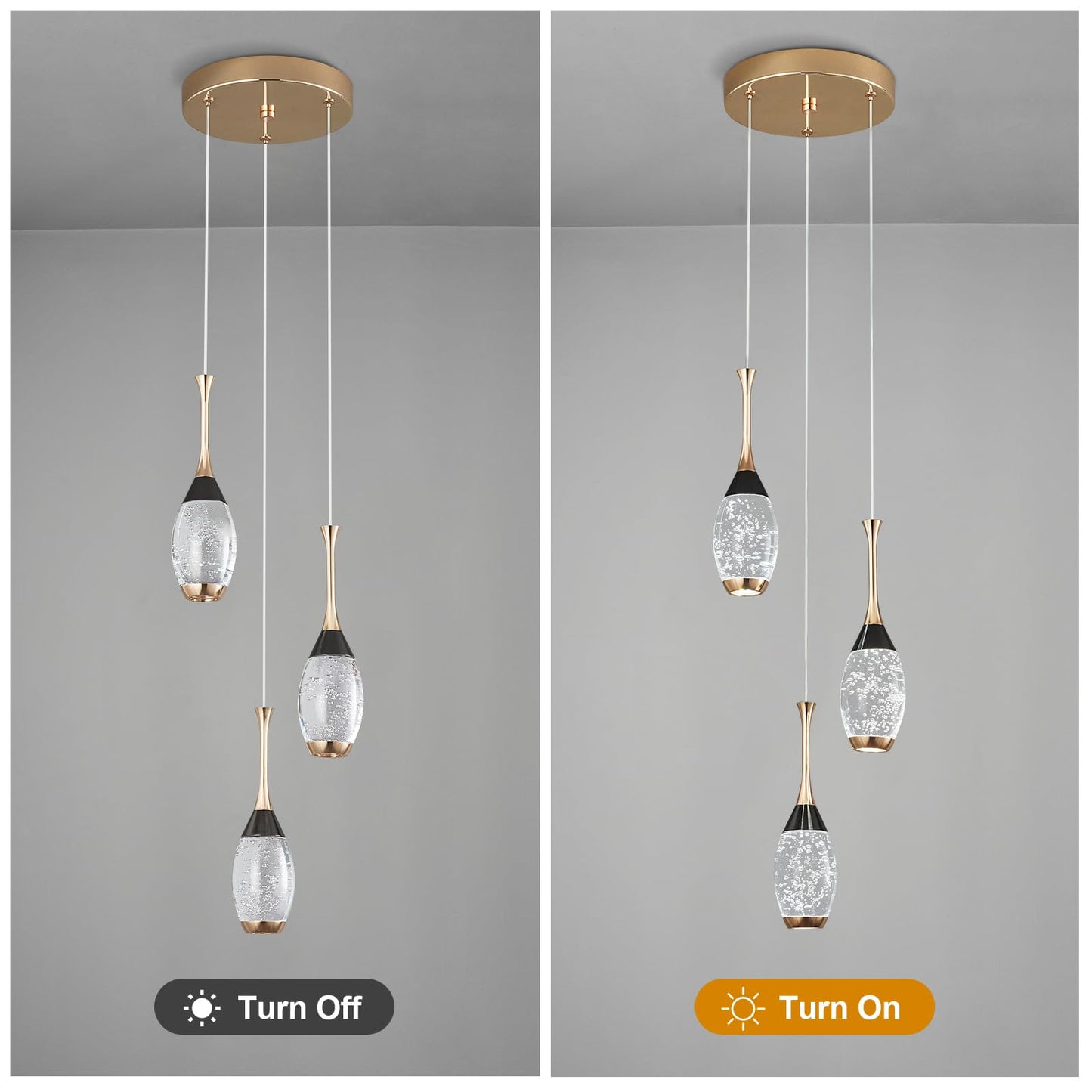 Moderne Pendelleuchte in Schwarzgold, dimmbare LED-Deckenleuchte, Mini-Pendelleuchte in Tropfenform aus Kristall für Kücheninsel, Schlafzimmer, Flur, Eingangsbereich (3er-Pack) 