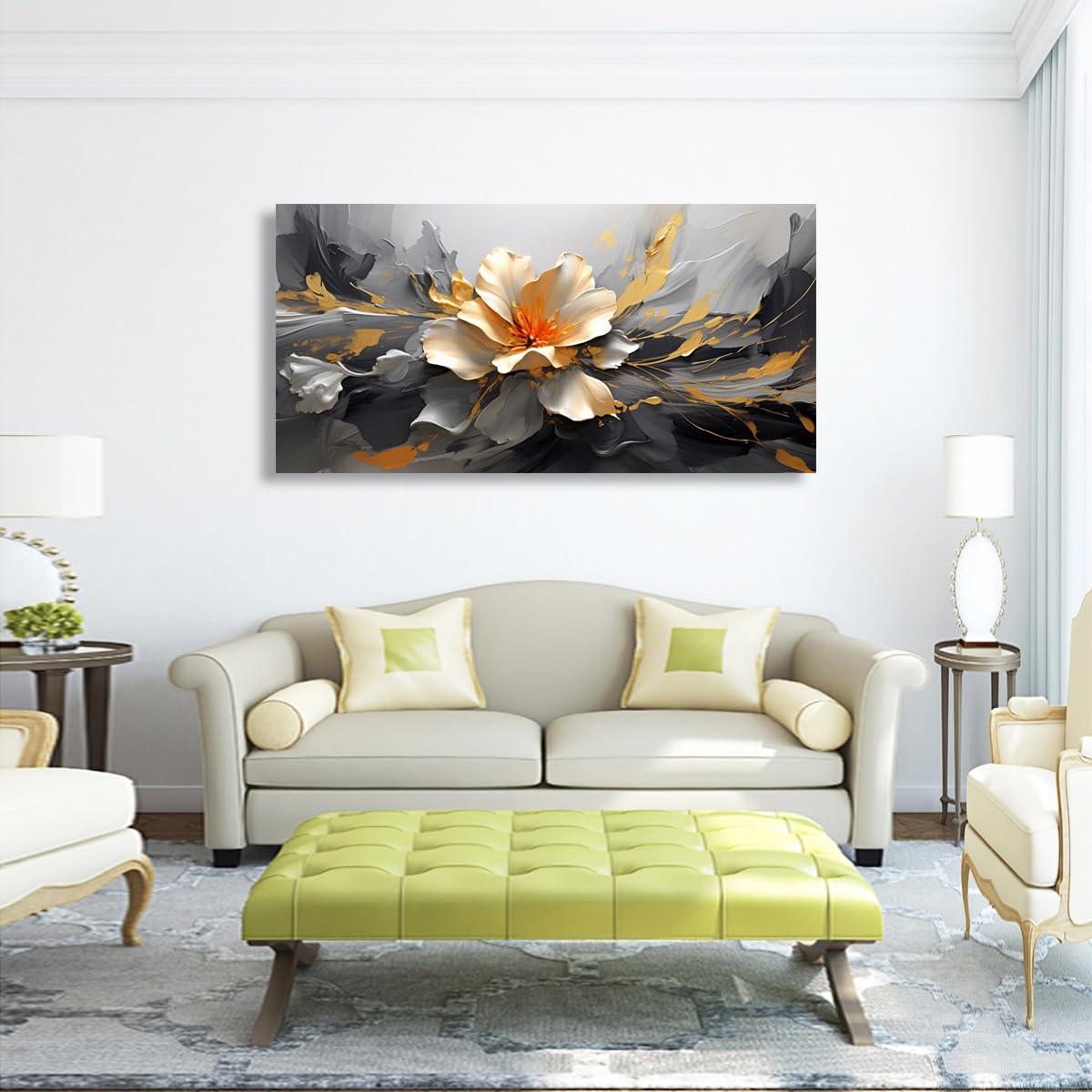 Peinture à l'huile abstraite moderne sur toile représentant un lotus doré, décoration murale pour salon, bureau, chambre à coucher, 50,8 x 101,6 cm 