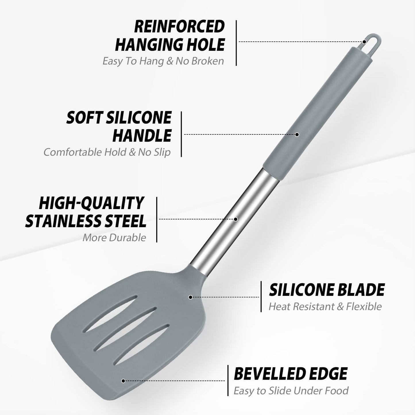 4er-Pack große Kochspatel und -löffel aus Silikon, Kochutensilien-Set mit Schlitzen und aus massivem Edelstahl, antihaftbeschichtete, hitzebeständige Küche zum Backen, Frittieren, Pfannenrühren, Mischen, Servieren (grau) 