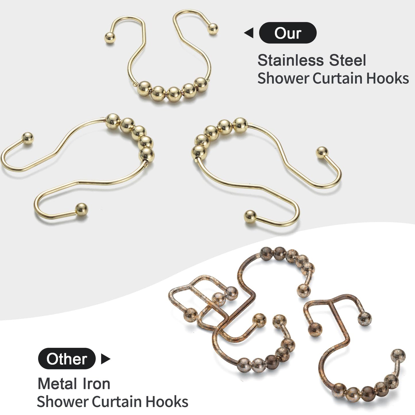 Goowin Shower Curtain Hooks, 12 Pcs Shower Curtain Rings, Stainless Steel Bronze Shower Curtain Hooks Rings Rust Proof, Balance Sliding Anti-Drop Double Shower Hooks for Shower Curtain Rod (Bronze)