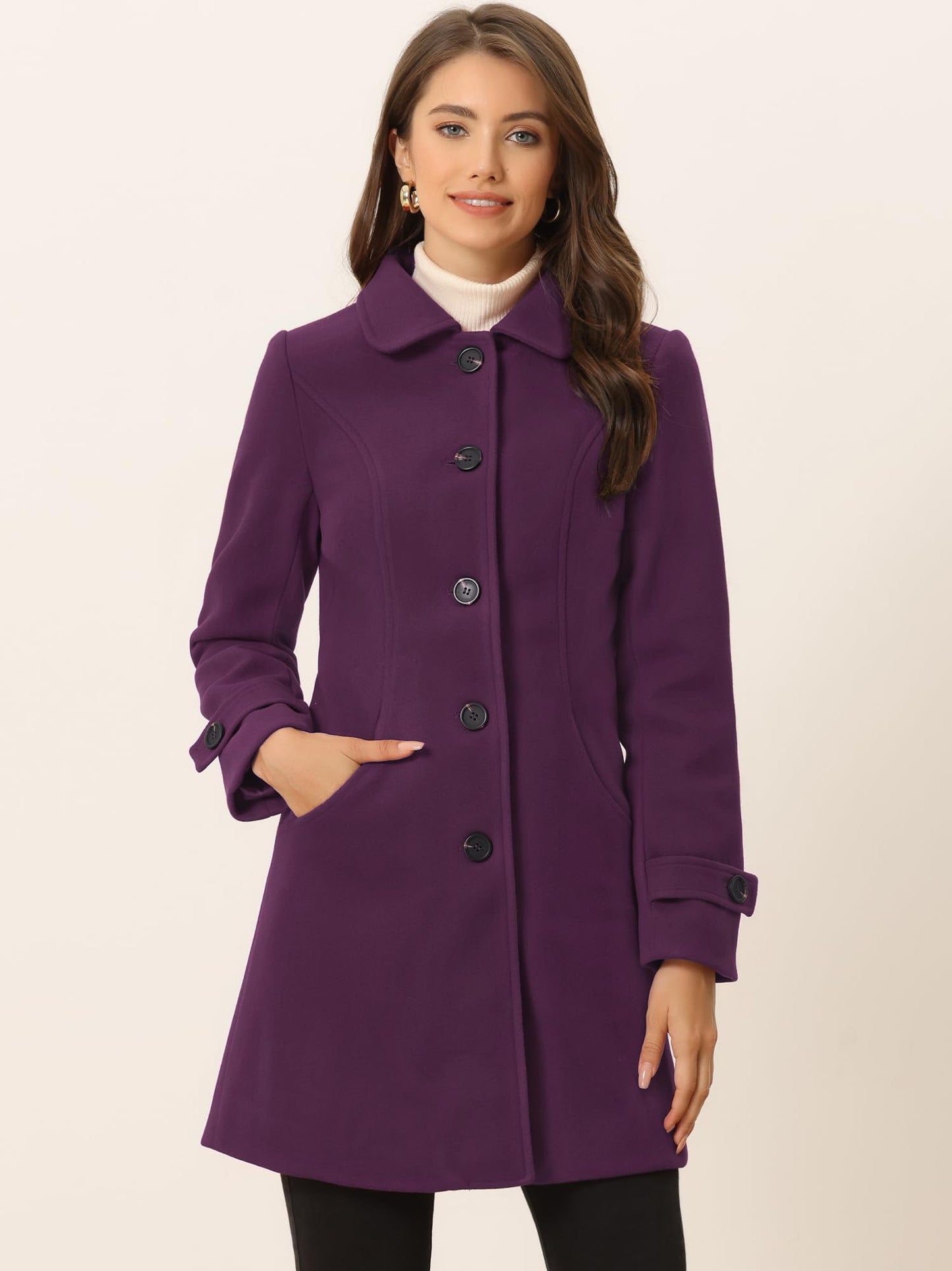 Allegra K Damen Winter Oberbekleidung Mantel Peter Pan Kragen Mitte Oberschenkel A-Linie Einreihig Pea Coat