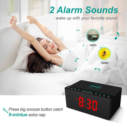 Digital Alarm Clock with FM Radio & Wireless Charging – Qi-Certified, LED Display, USB Port, Sleep Timer