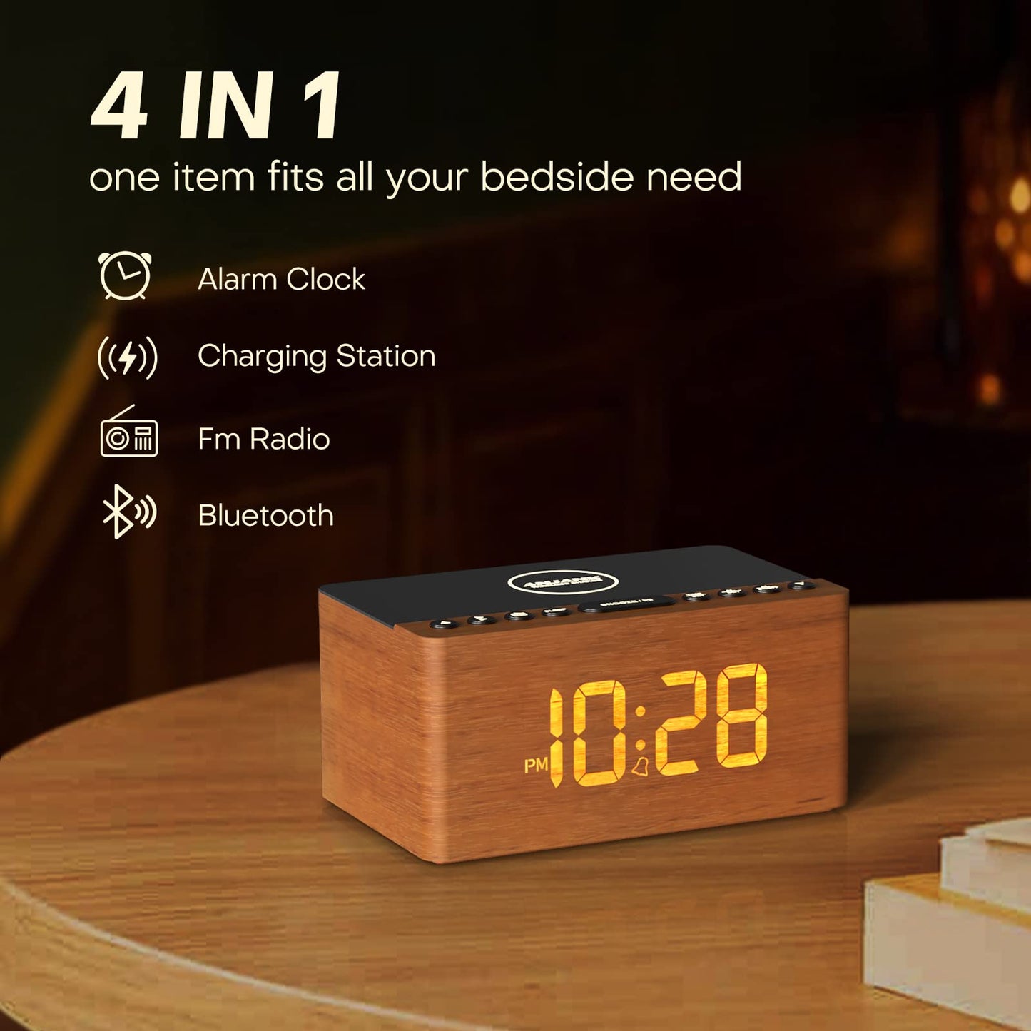 Digital Alarm Clock with FM Radio & Wireless Charging – Qi-Certified, LED Display, USB Port, Sleep Timer