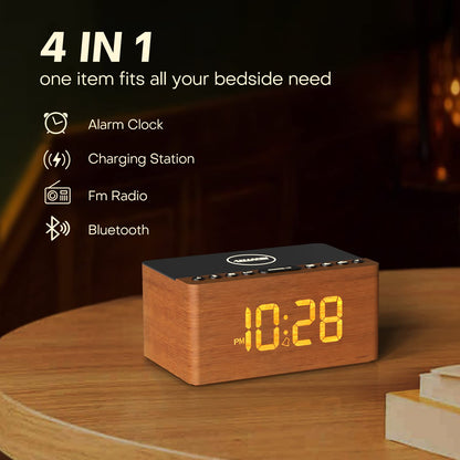 Digital Alarm Clock with FM Radio & Wireless Charging – Qi-Certified, LED Display, USB Port, Sleep Timer
