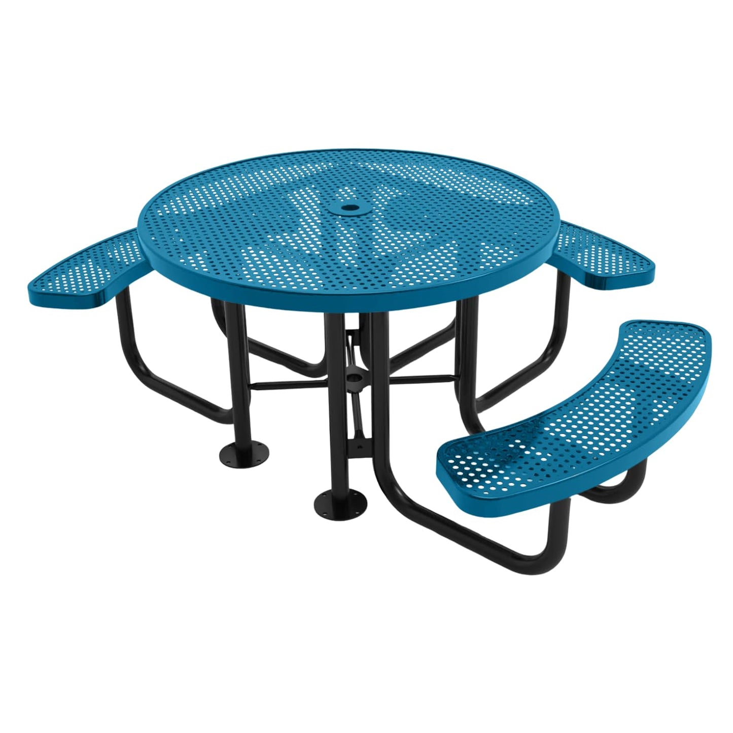 Coated Outdoor Furniture Heavy-Duty Portable Outdoor Picnic Table with Umbrella Hole, Expanded Metal Commercial-Grade Patio Dining Furniture Made in America (46" Round Top, Light Blue)