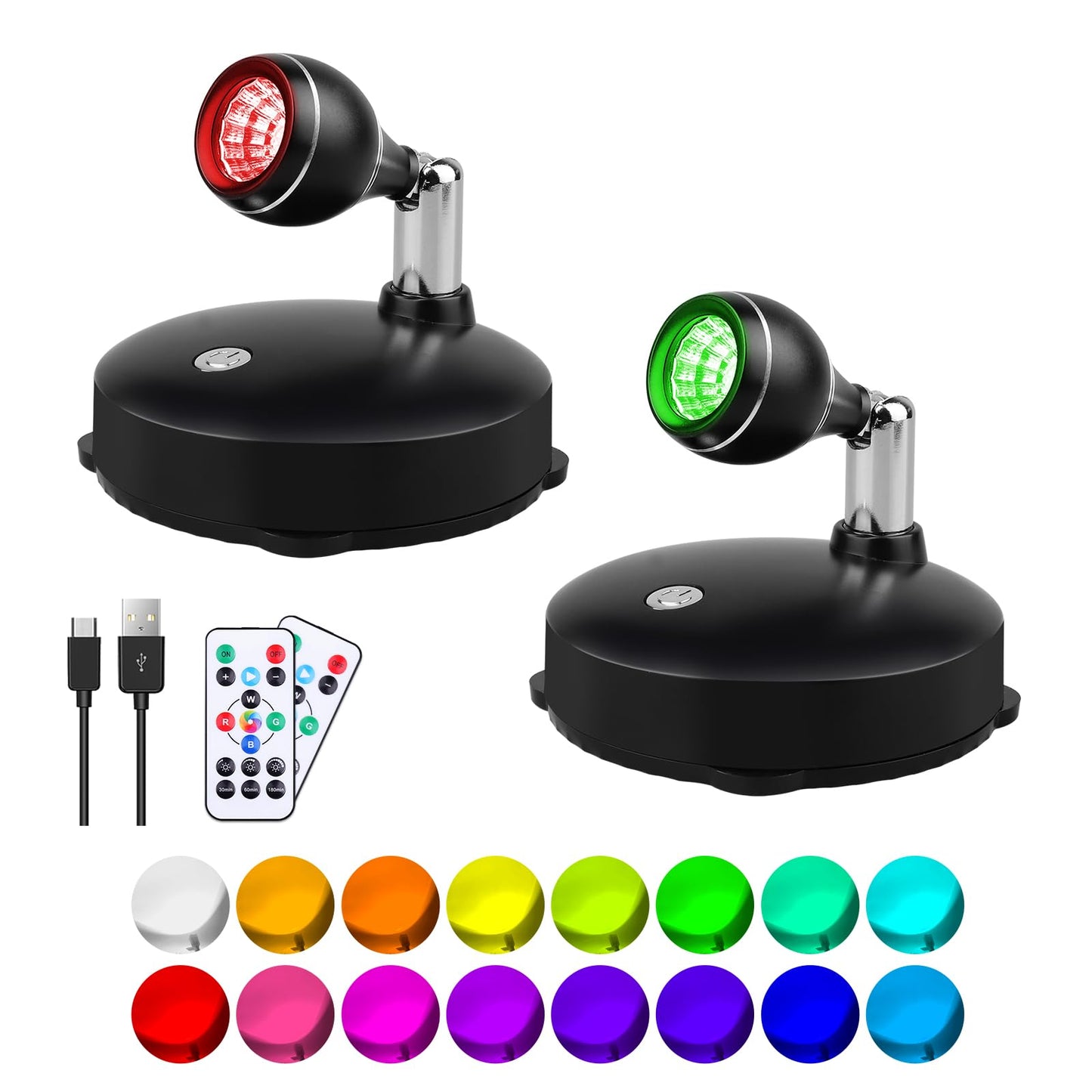 LEASTYLE LED Spot Light Indoor, Battery Operated Led Light Stick Up Lights with Remote, Mini Spotlight Dimmable Accent Lights for Lighting up Paintings Pictures(RGB 2 Pack)