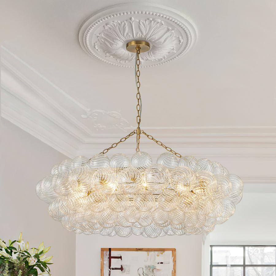 Gold Bubble Chandelier 4-Tier Round Clear Glass Globe Chandeliers 8 Lights 24Inch Dia Blown Glass Pendant Chandelier Light Fixture for Dining Room Bedroom Living Room