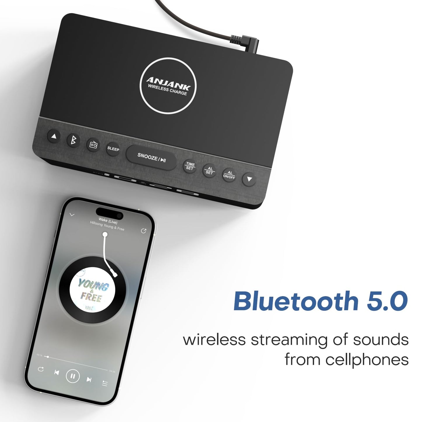 Digital Alarm Clock with FM Radio & Wireless Charging – Qi-Certified, LED Display, USB Port, Sleep Timer