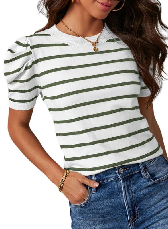 Dokotoo Women's Short Puff Sleeve Knit Tops 2025 Trendy Crewneck Striped T Shirts Casual Summer Blouses