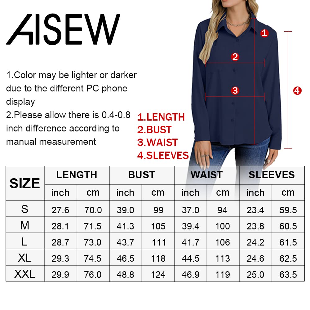 AISEW Womens Casual Button Down Shirts V Neck Chiffon Long/Short Sleeve Collared Office Work Blouses Tops with Pocket