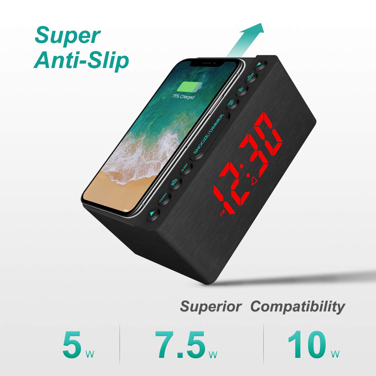 Digital Alarm Clock with FM Radio & Wireless Charging – Qi-Certified, LED Display, USB Port, Sleep Timer
