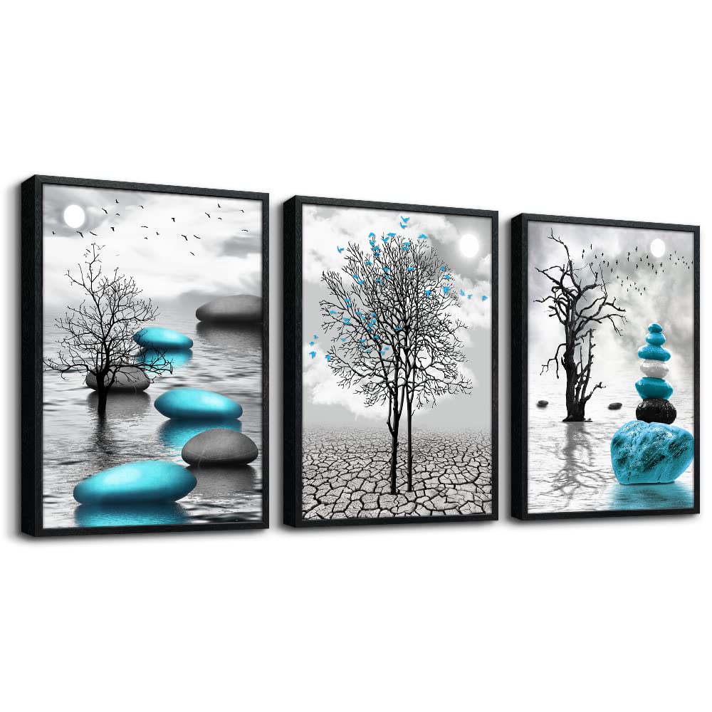 Art mural sur toile pour salon Décoration murale pour chambre Salle de bain Peintures en noir et blanc Impressions d'art sur toile encadrées modernes en 3 parties Prêtes à accrocher Images abstraites bleues inspirantes Décorations pour la maison 