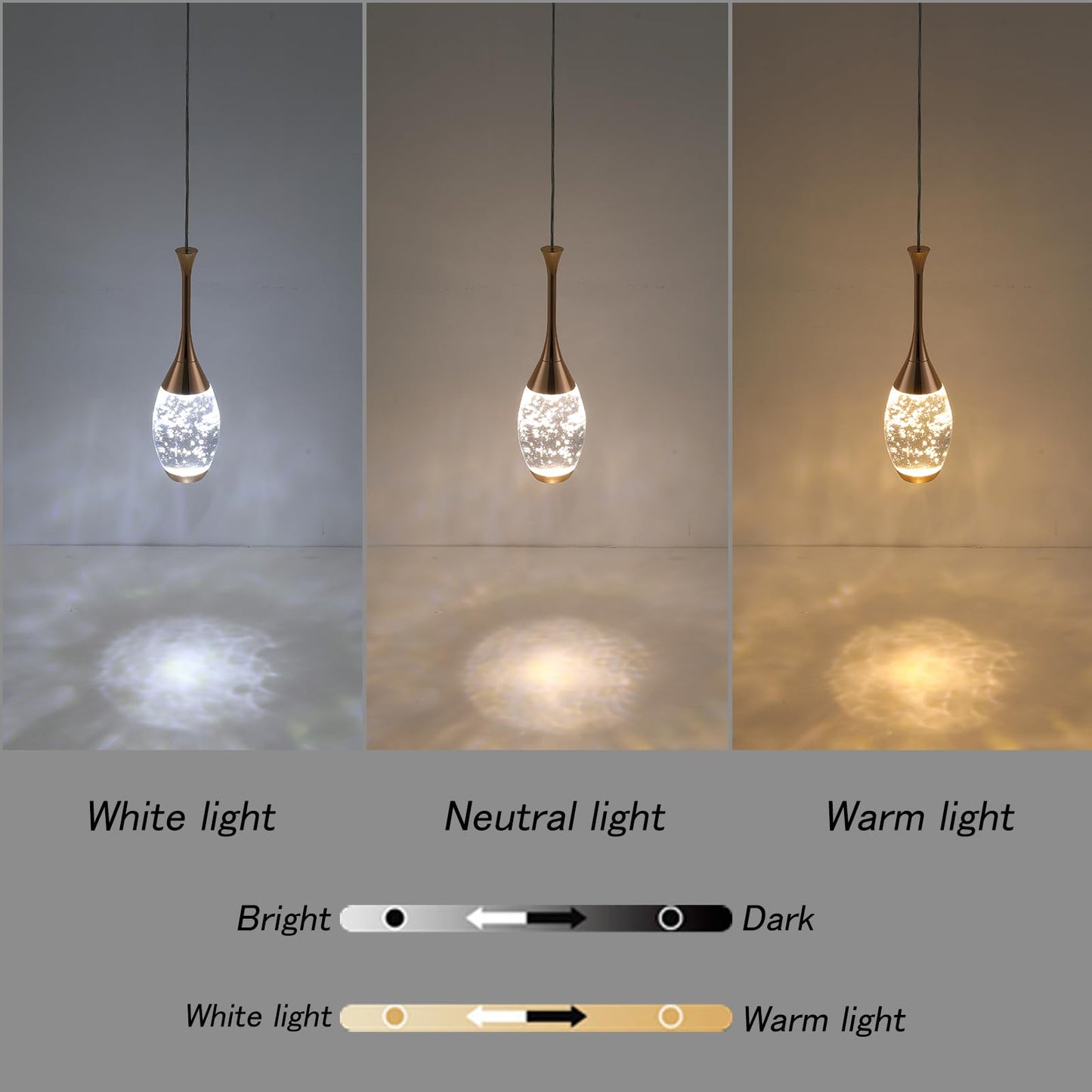 Modern Gold Pendant Light Fixtures, Crystal Pendant Lights with 3-Color, 3 Light Pendant Lights for Kitchen Island, Restaurants, Dining Room, Bedrooms (3 Pack)