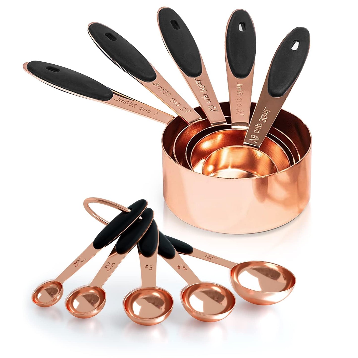 Joyhill Messbecher und -löffel aus Edelstahl, 10-teiliges Set, ineinander stapelbare Messbecher aus Metall mit Soft-Touch-Silikongriffen für trockene und flüssige Zutaten, Kochen und Backen (schwarz) 