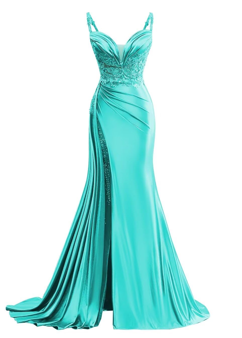 V Neck Satin Prom Dresses Long Mermaid Lace Evening Gown with Slit Pleated Bodycon Formal Dress with Tail