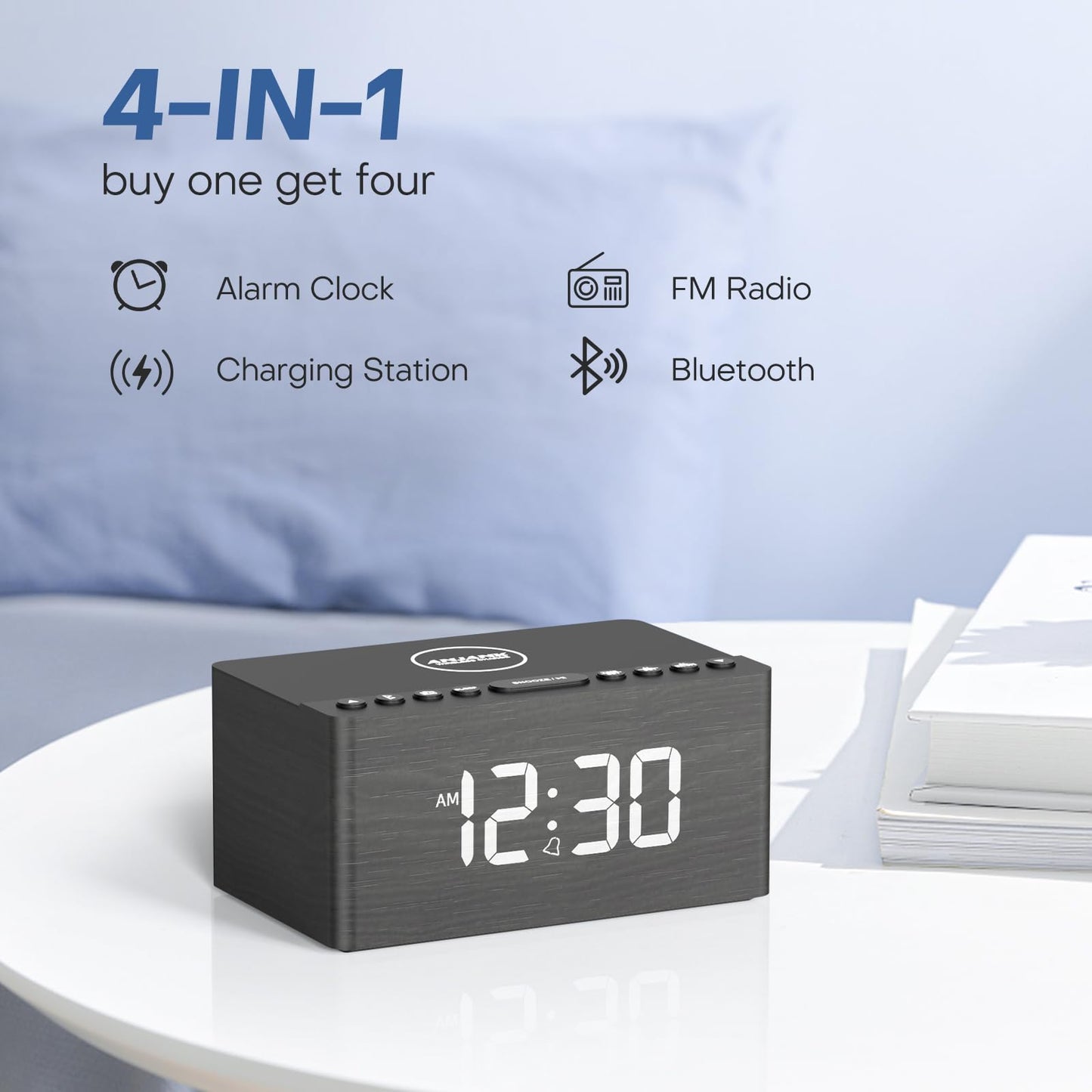 Digital Alarm Clock with FM Radio & Wireless Charging – Qi-Certified, LED Display, USB Port, Sleep Timer