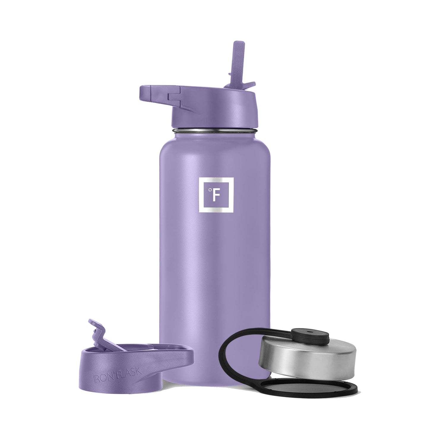 Bouteille d'hydratation de camping et de randonnée IRON °FLASK avec 3 couvercles - Bouteille d'eau en acier inoxydable, à double paroi et isolée sous vide - Anti-fuite et sans BPA (Dark Night, Straw - 32 oz) 