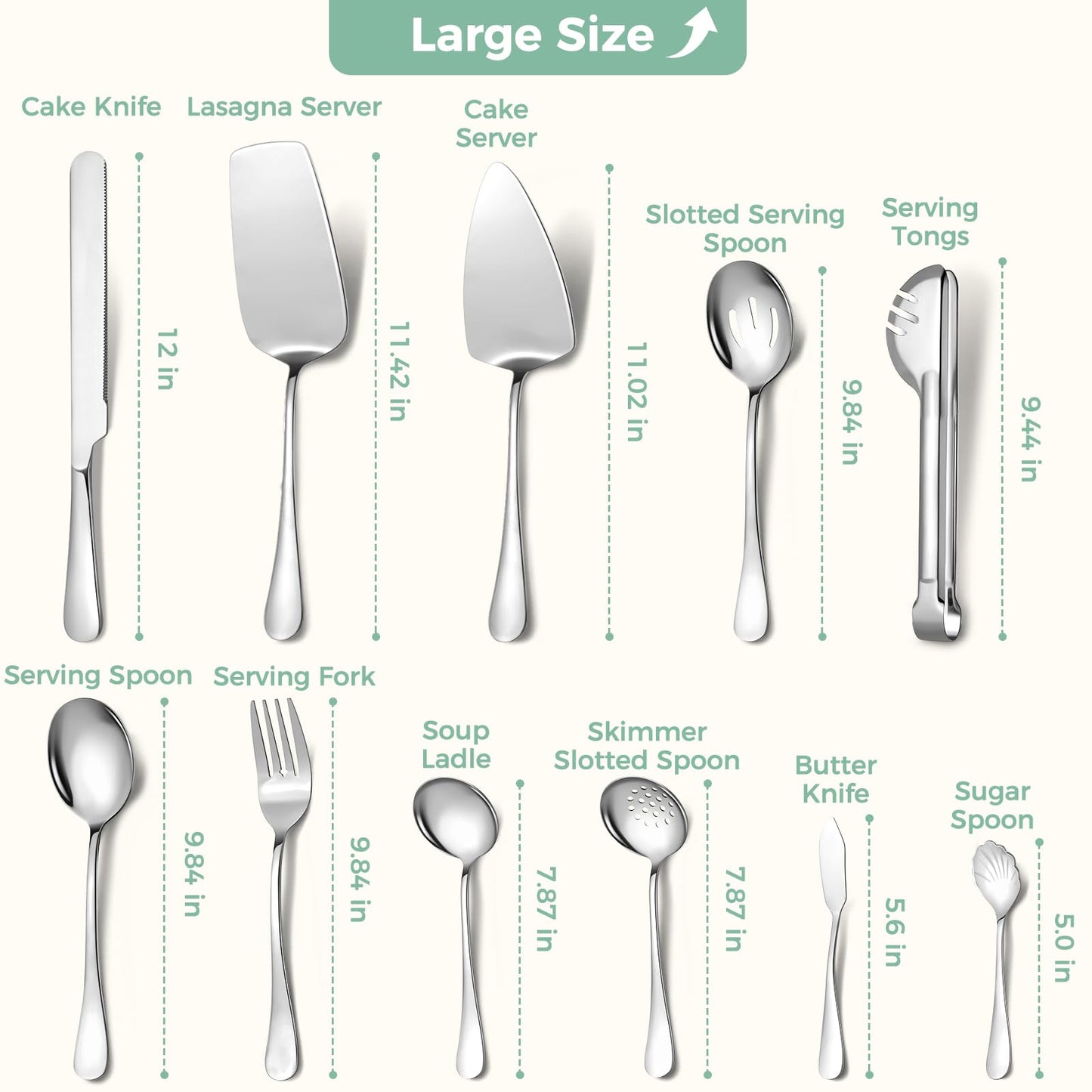 Large Stainless Steel Serving Utensils Set 15 Pcs with 10" Serving Spoon,10" Slotted Spoons,10" Serving Forks,9.5" Serving Tongs,Soup Ladle,Pie Server,Cake/Butter Knife for Buffet/Parties