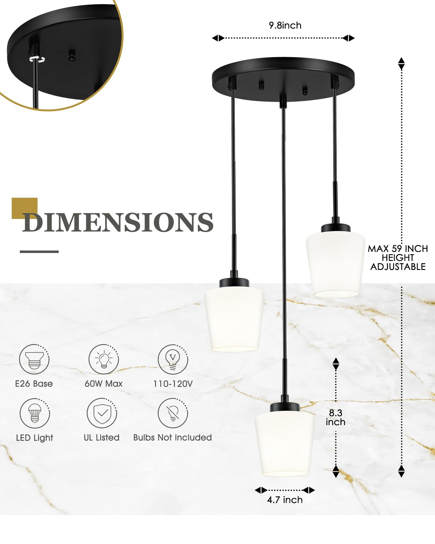 3-Light Pendant Light Fixtures, Brushed Gold Dining Room Light Fixture Over Table, Adjustable Kitchen Island Lighting with Milk White Glass, Farmhouse Hanging Light Fixture, AD-22004-3P-GD