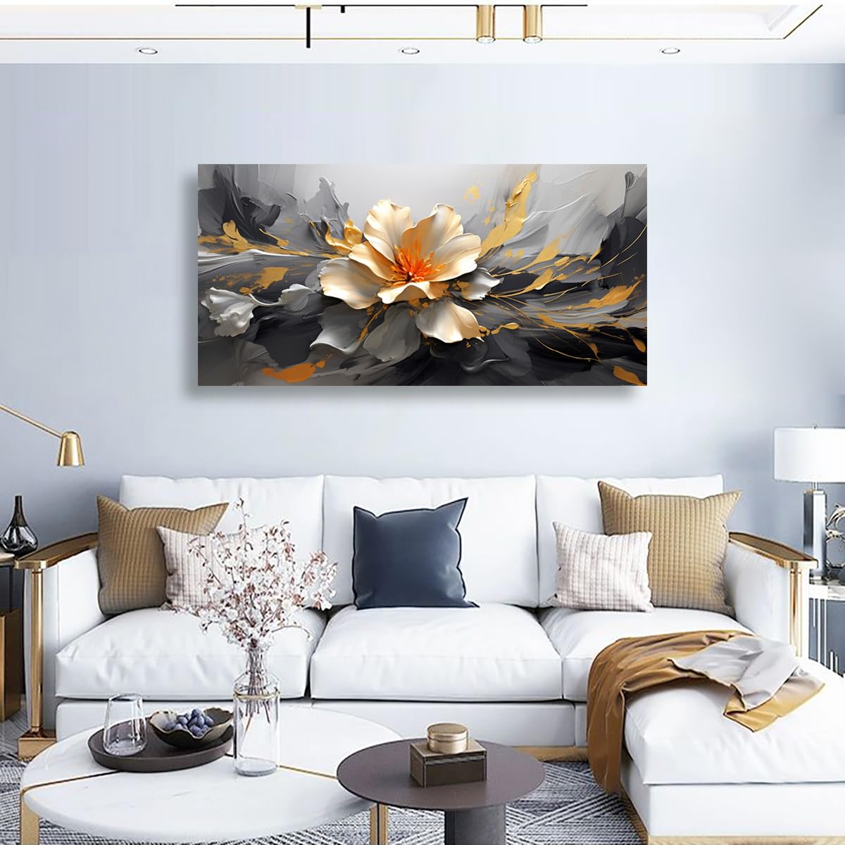 Golden Lotus Pictures Canvas Wall Art for Living room Office Bedroom Wall Decor,Flowers Wall Art Print Paintings Modern Abstract Oil Painting Artwork Waterproof Ready to Hang-20x40inch