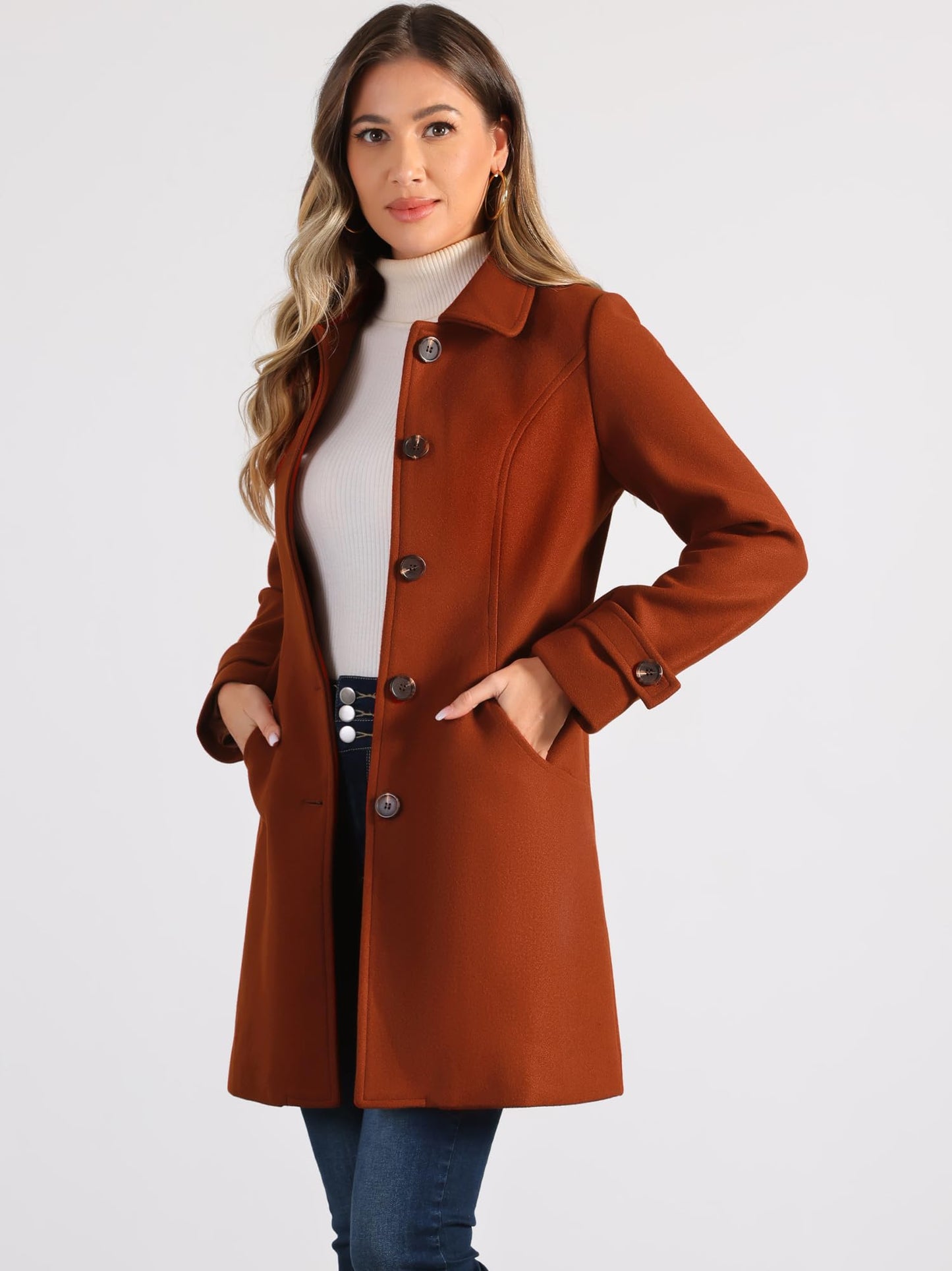 Allegra K Damen Winter Oberbekleidung Mantel Peter Pan Kragen Mitte Oberschenkel A-Linie Einreihig Pea Coat