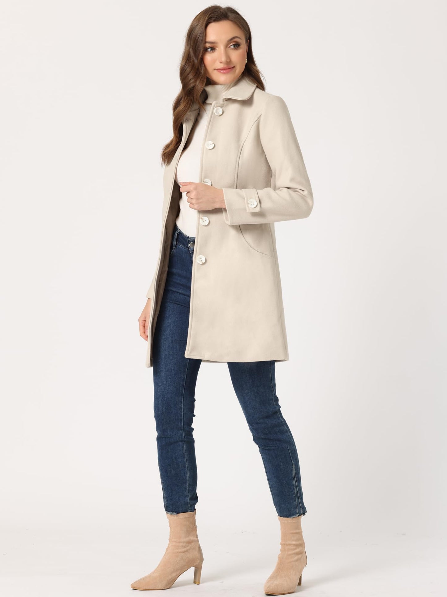 Allegra K Damen Winter Oberbekleidung Mantel Peter Pan Kragen Mitte Oberschenkel A-Linie Einreihig Pea Coat