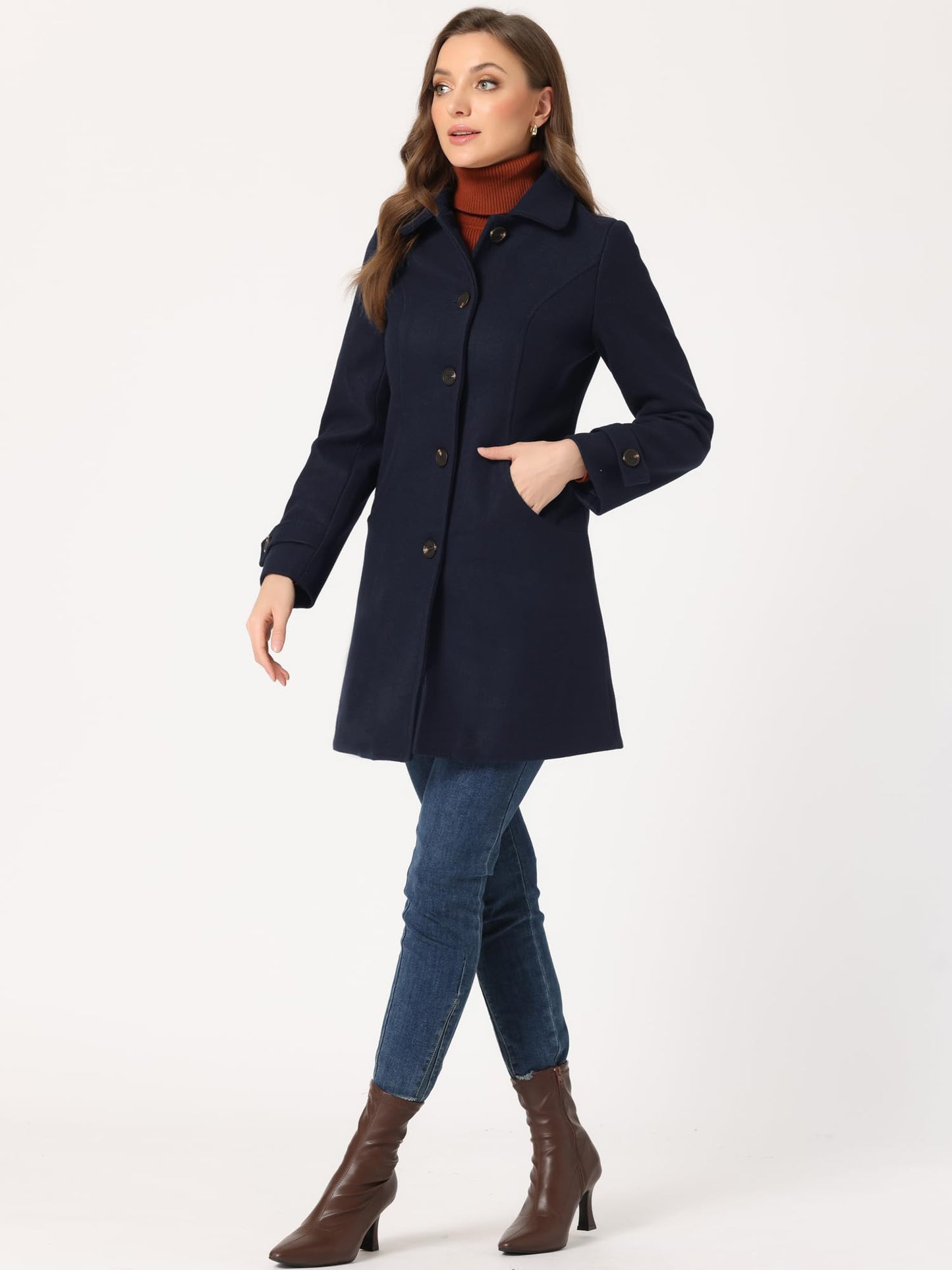 Allegra K Damen Winter Oberbekleidung Mantel Peter Pan Kragen Mitte Oberschenkel A-Linie Einreihig Pea Coat