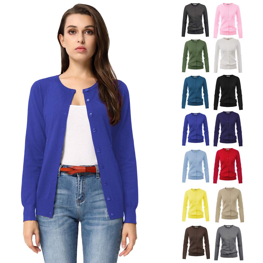 GRACE KARIN Women's Long Sleeve Button Down Crew Neck Classic Sweater Knit Cardigan