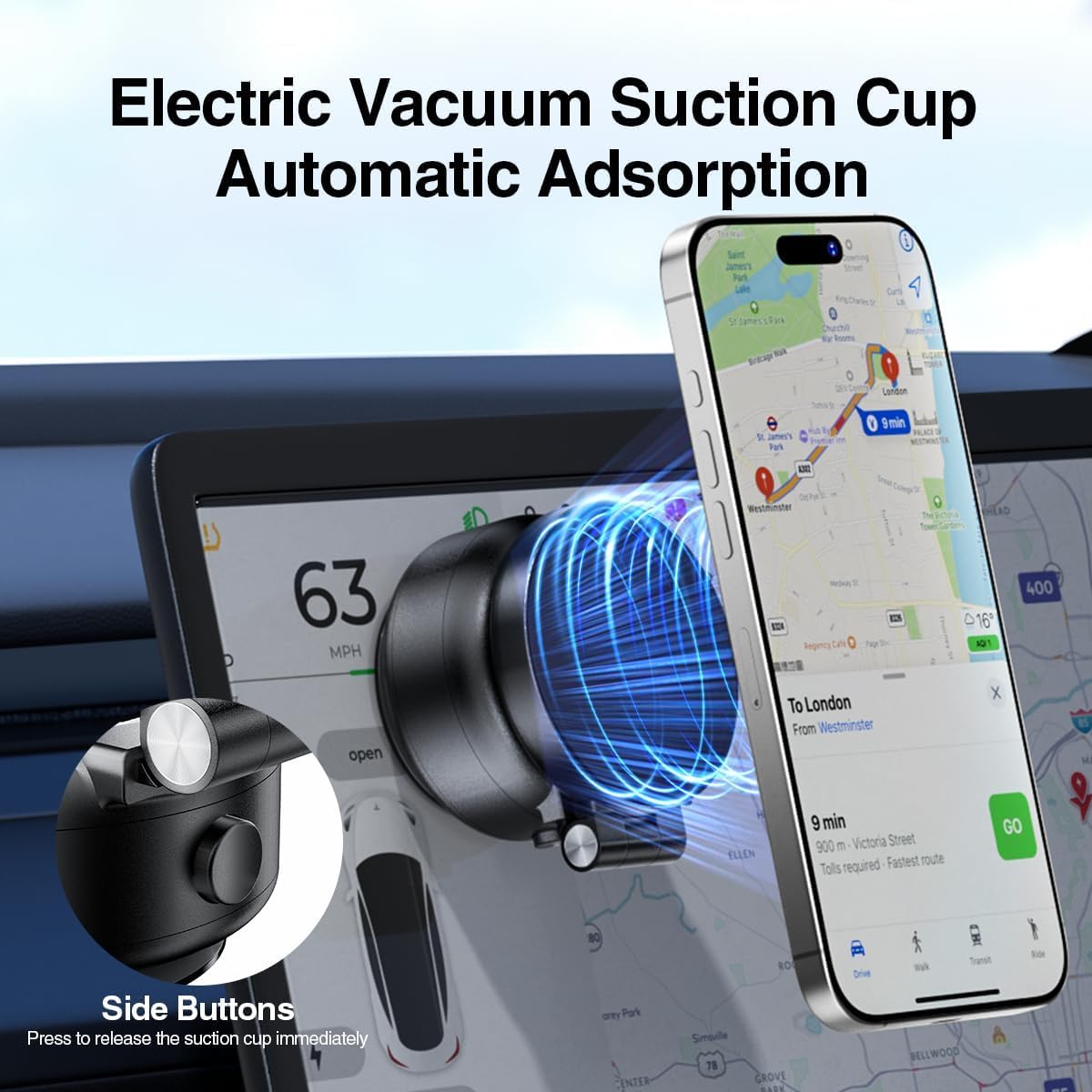 Vacuum Suction Magnetic Car Phone Holder, Adjustable Electric Magnetic Phone Holder Mount for Car, Foldable Strong Suction Car Holder Mount for iPhone16/15/14/13/12,Shower/Car/Mirror(Not Charge Phone)