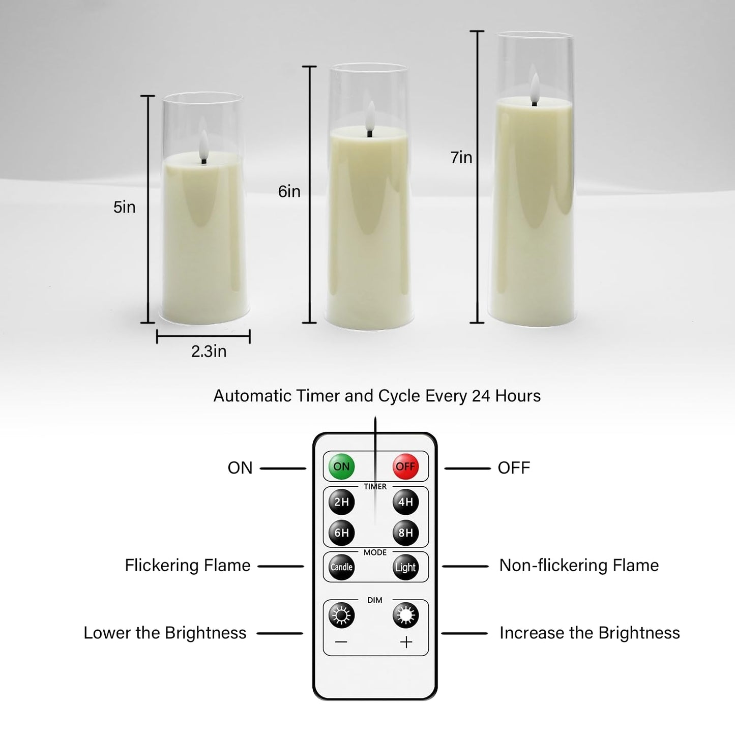 Flickering Flameless Candles Battery Operated with Remote and 2/4/6/8 H Timer Plexiglass Led Pillar Candles Pack of 9 (D2.3"xH 5"6"7")with Realistic Moving Wick Candles for Home Decor(White)