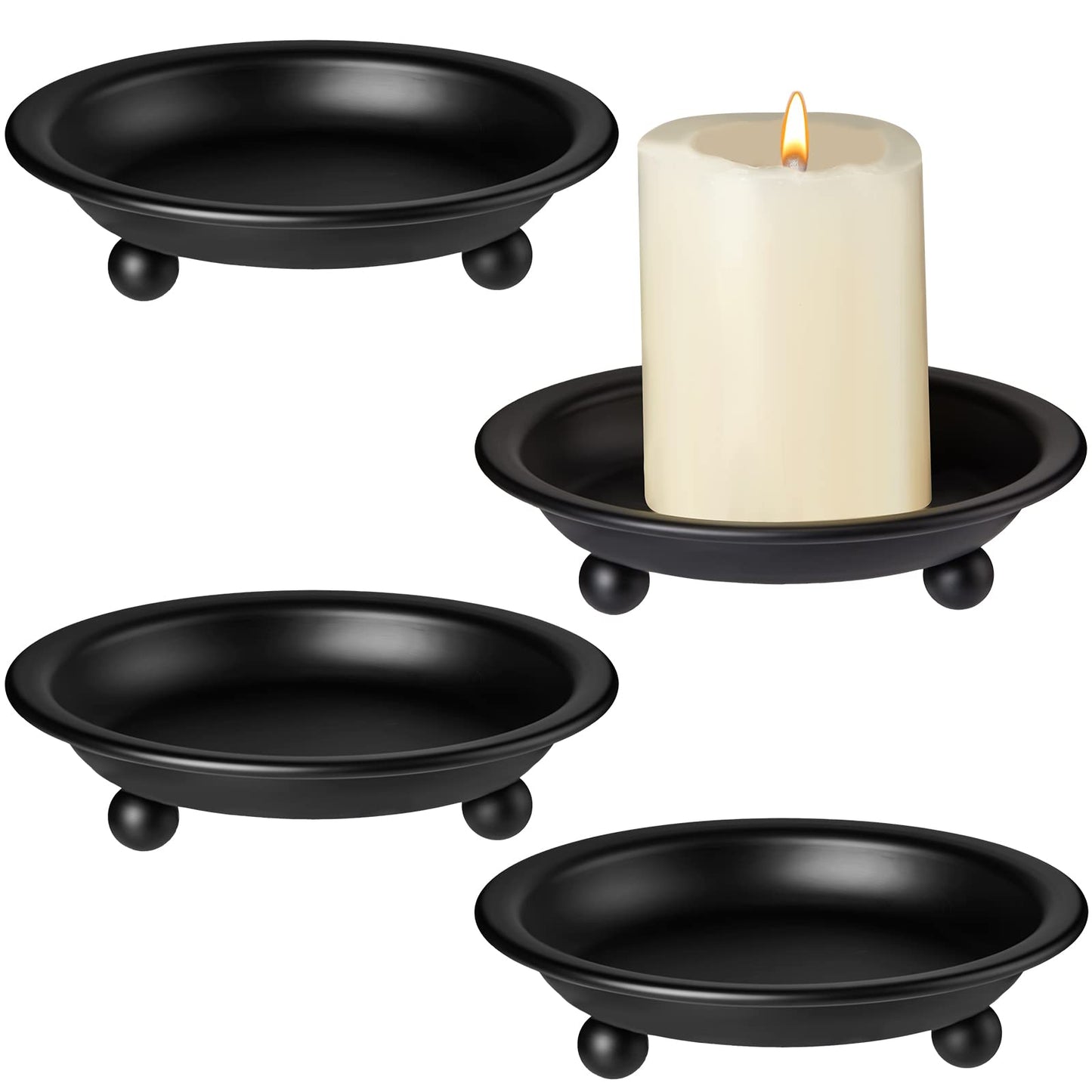 4 Pieces Matte Black Iron Candle Plate Decorative Saucer Style Candle Holder Tray Metal Pedestal Candle Stand for Halloween Christmas Table Centerpiece Wedding Party Decor Pillar Candles 4.13 Inches