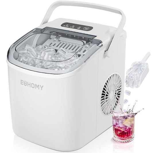 EUHOMY Countertop Ice Maker Machine with Handle, 26lbs in 24Hrs, 9 Ice Cubes Ready in 6 Mins, Auto-Cleaning Portable Ice Maker with Basket and Scoop, for Home/Kitchen/Camping/RV. (Black)