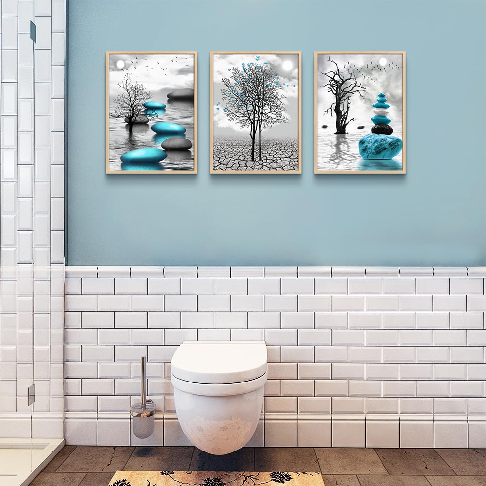 Canvas Wall Art for Living Room Wall Decor for Bedroom Bathroom Black and White Paintings Modern 3 Piece Framed Canvas Art Prints Ready to Hang Inspirational Abstract Blue Pictures Home Decorations