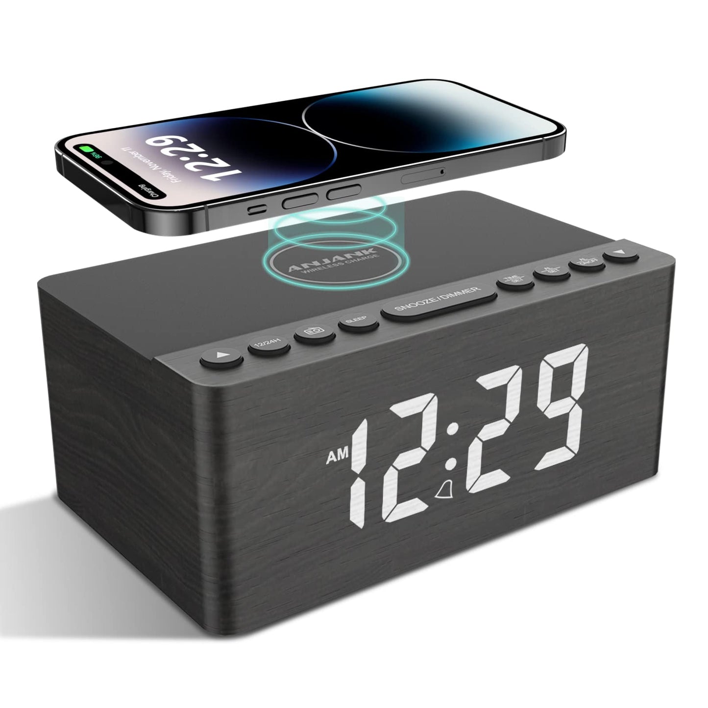 Digital Alarm Clock with FM Radio & Wireless Charging – Qi-Certified, LED Display, USB Port, Sleep Timer