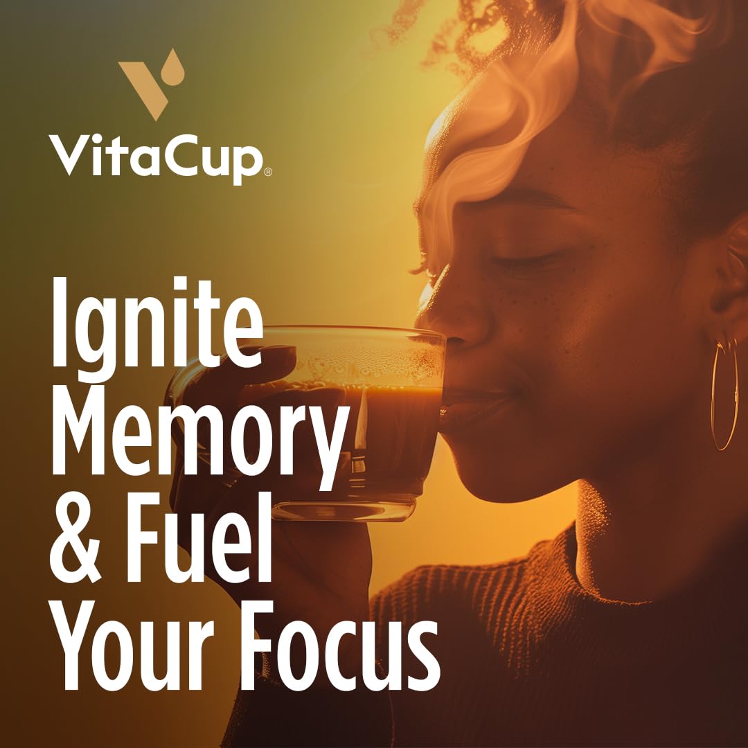 Capsules de café VitaCup Lightning, pour la mémoire et la concentration avec 2X de caféine, grains de café vert, vitamines B, D3, café torréfié foncé et fort, dosettes individuelles recyclables compatibles avec les cafetières Keurig K-Cup, 16 unités 