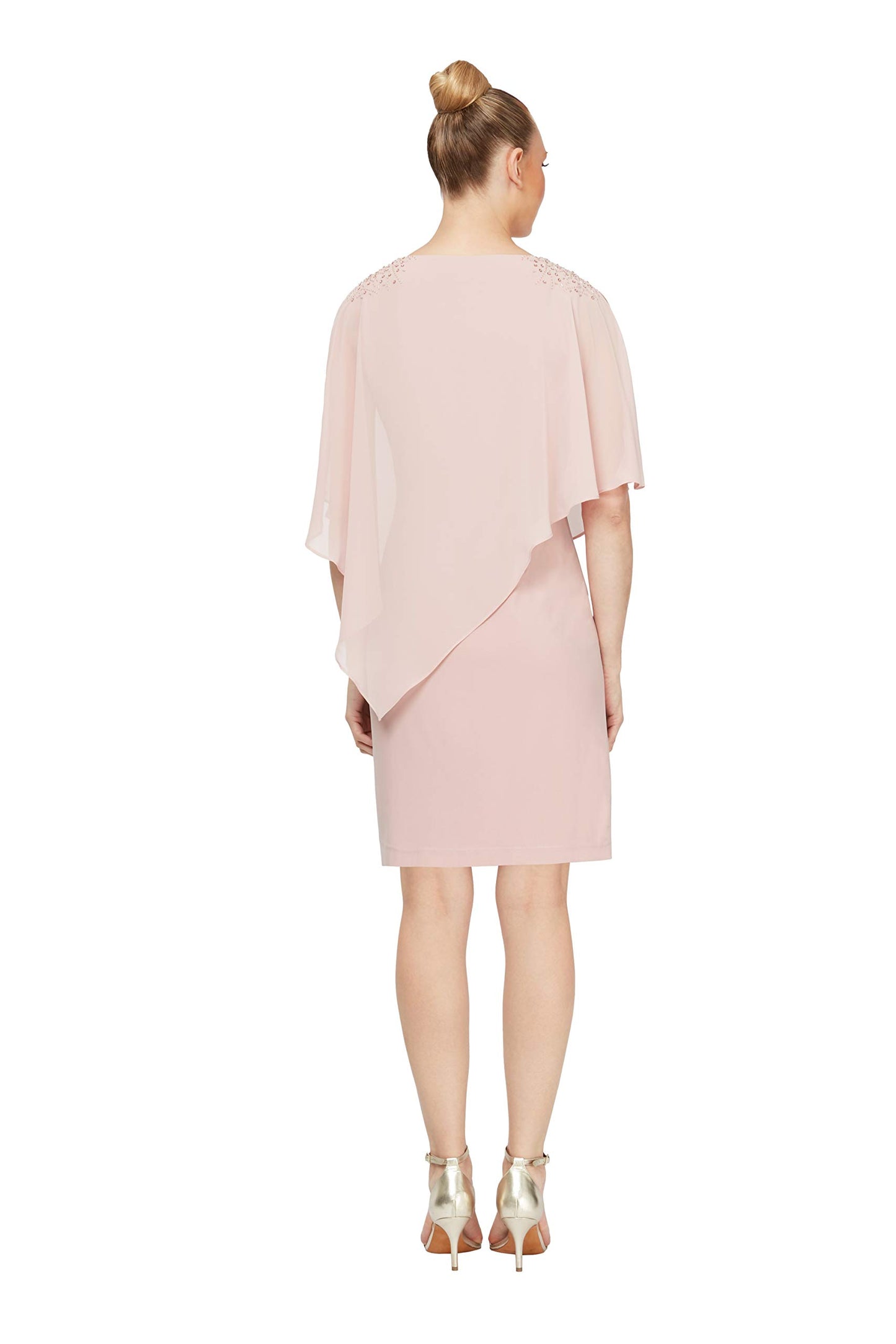 S.L. Fashions Women's Short Sheath Capelet Gown with Asymmetric Overlay, Mother of The Bride Dress (Petite and Regular Sizes)