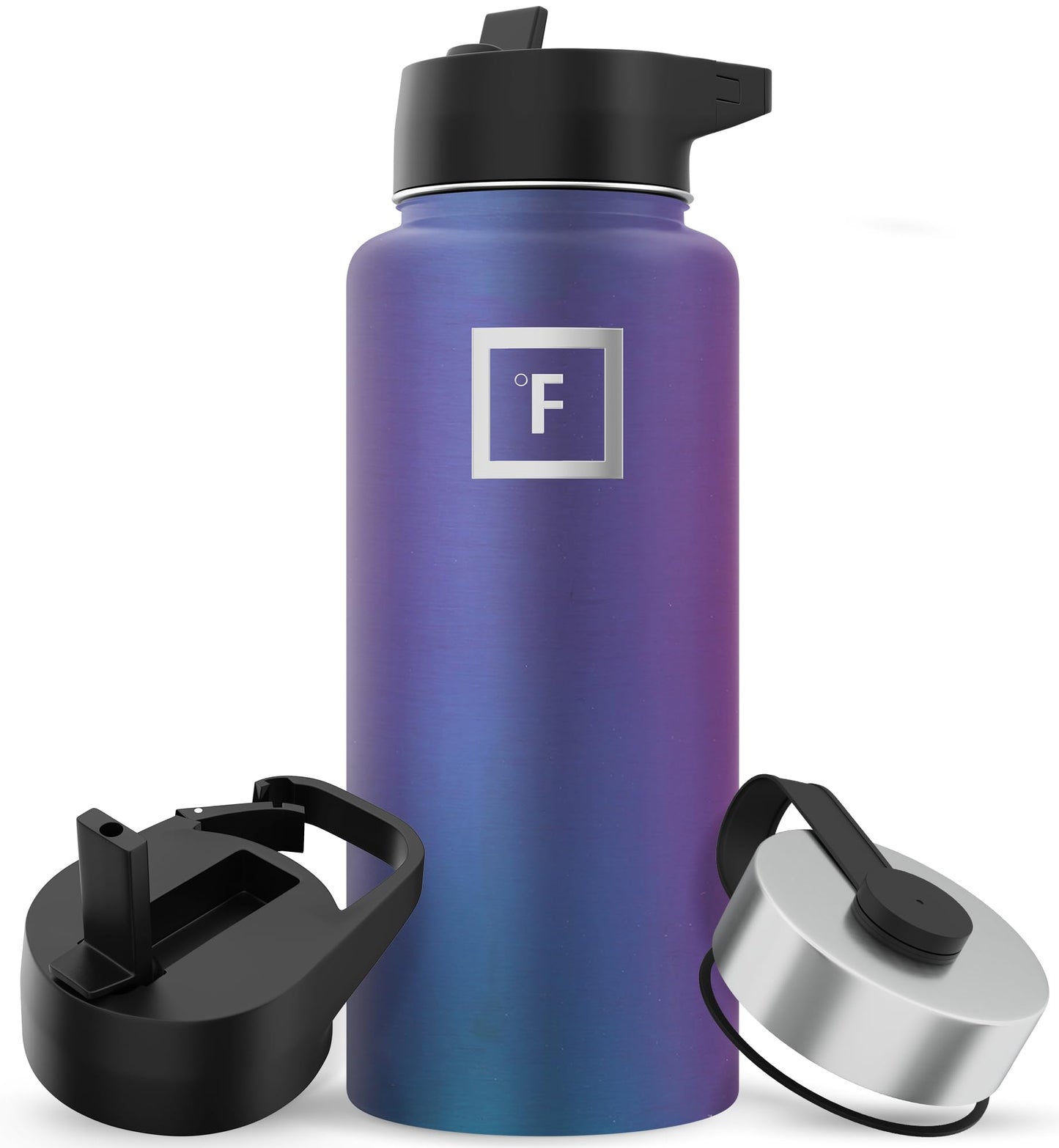 Bouteille d'hydratation de camping et de randonnée IRON °FLASK avec 3 couvercles - Bouteille d'eau en acier inoxydable, à double paroi et isolée sous vide - Anti-fuite et sans BPA (Dark Night, Straw - 32 oz) 