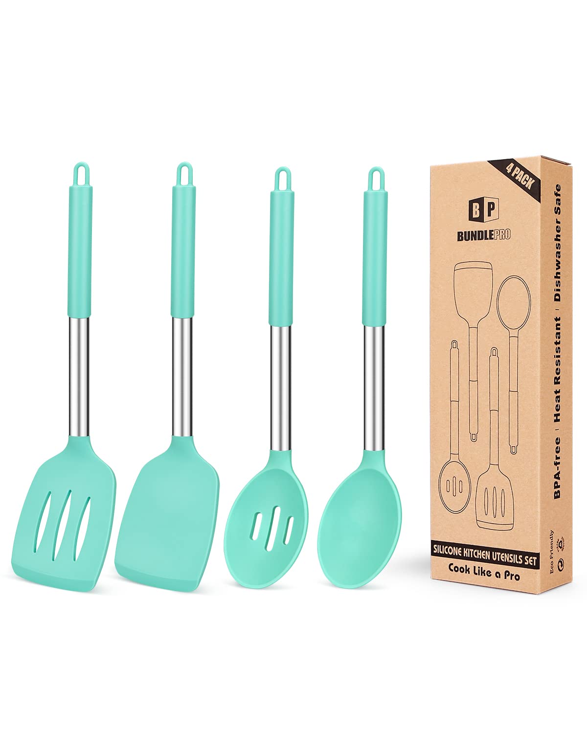 Pack of 4 Silicone Cooking Utensils Set, Non Stick Large Solid Spatulas, Heat Resistant Rose Gold Khaki Slotted Spoons, Ideal BPA Free Kitchen Turners for Frying, Mixing,Serving,Draining,Turning