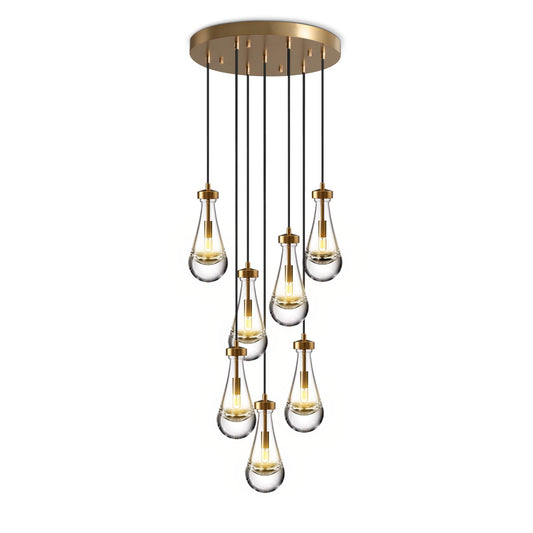 H100'' High Ceiling Chandelier for Entryway,Modern Raindrop Chandeliers for Living Room,Brass 7 Light Adjustable Rope Teardrop Pendant Lights Kitchen Island for Hallway/Staircase