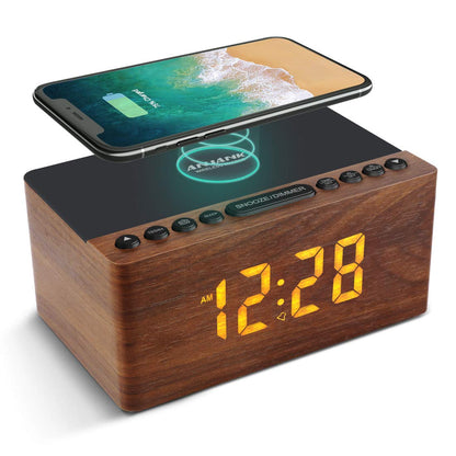 Digital Alarm Clock with FM Radio & Wireless Charging – Qi-Certified, LED Display, USB Port, Sleep Timer