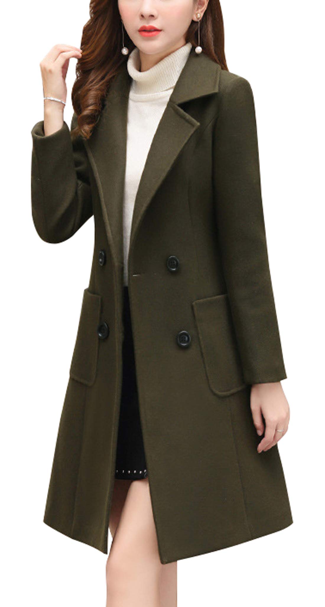 chouyatou Women Elegant Notched Collar Double Breasted Wool Blend Over Coat