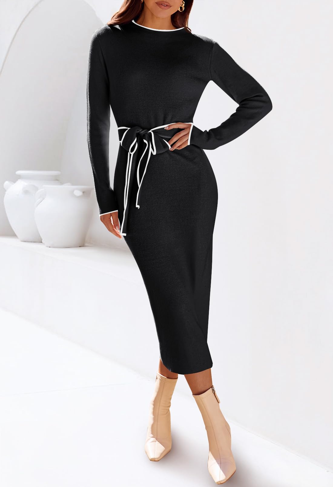 MEROKEETY Women's 2024 Long Sleeve Midi Sweater Dress Fall Mock Neck Color Block Tie Waist Bodycon Knit Dress