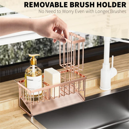 Kitchen Sink Caddy Organzier with High Brush Holder, Sponge Holder for Sink, 304 Rustproof Stainless, Kitchen Countertop Soap Dispenser Organizer, Kitchen Decor and Accessories