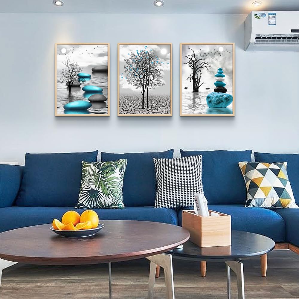 Canvas Wall Art for Living Room Wall Decor for Bedroom Bathroom Black and White Paintings Modern 3 Piece Framed Canvas Art Prints Ready to Hang Inspirational Abstract Blue Pictures Home Decorations