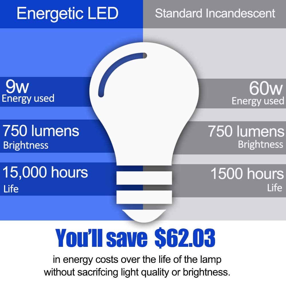 Energetic 24-Pack A19 LED Light Bulb, 60 Watt Equivalent, Daylight 5000K, E26 Medium Base, Non-Dimmable LED Light Bulb, UL Listed