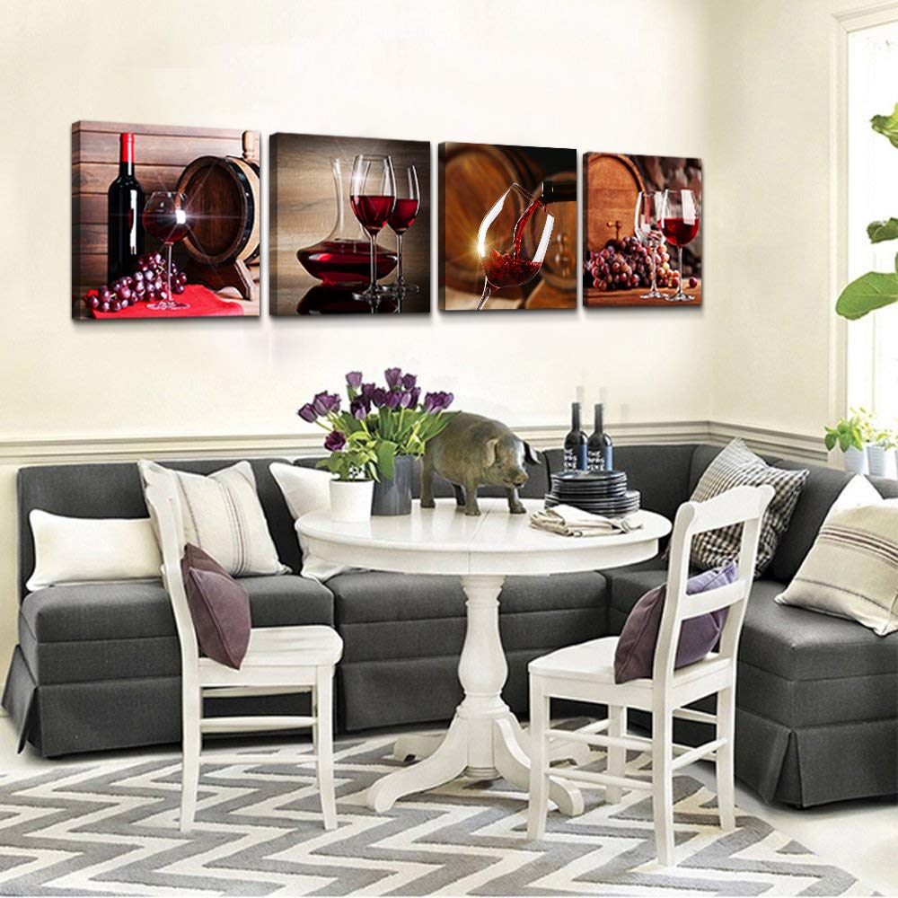 TTHYUEWS Canvas Wall Art For Kitchen Dining Room Wall Decor Wine Glass Wall Painting Still Life Wine Fruit Goblet Frame Wall Pictures Prints Artwork Bar Restaurant Decoration Home Decor 4 Piece Set