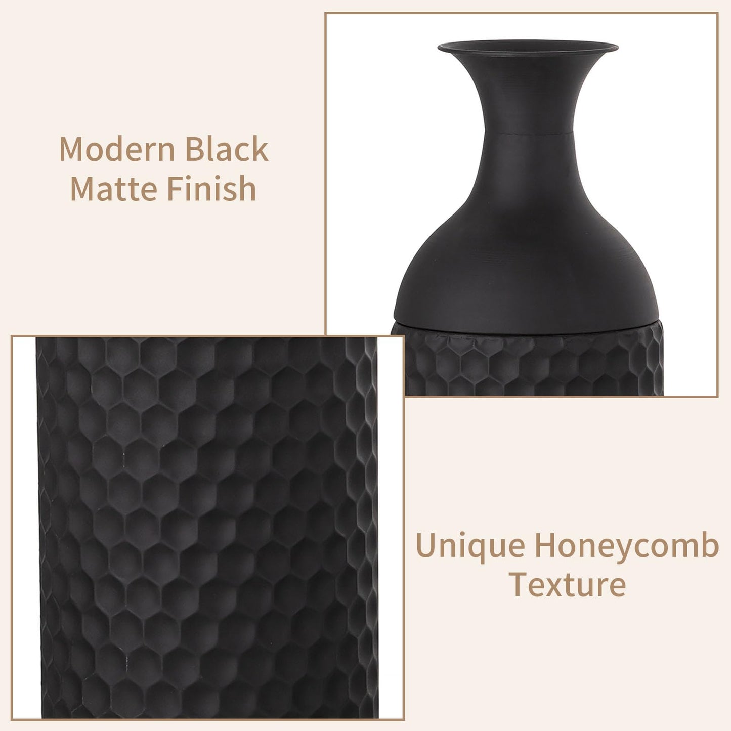 Sziqiqi Grands vases noirs de 27 pouces - Lot de 3 vases sur pied en métal à texture nid d'abeille moderne pour salon, salle à manger, chambre à coucher, maison, coin, couloir, bureau intérieur 