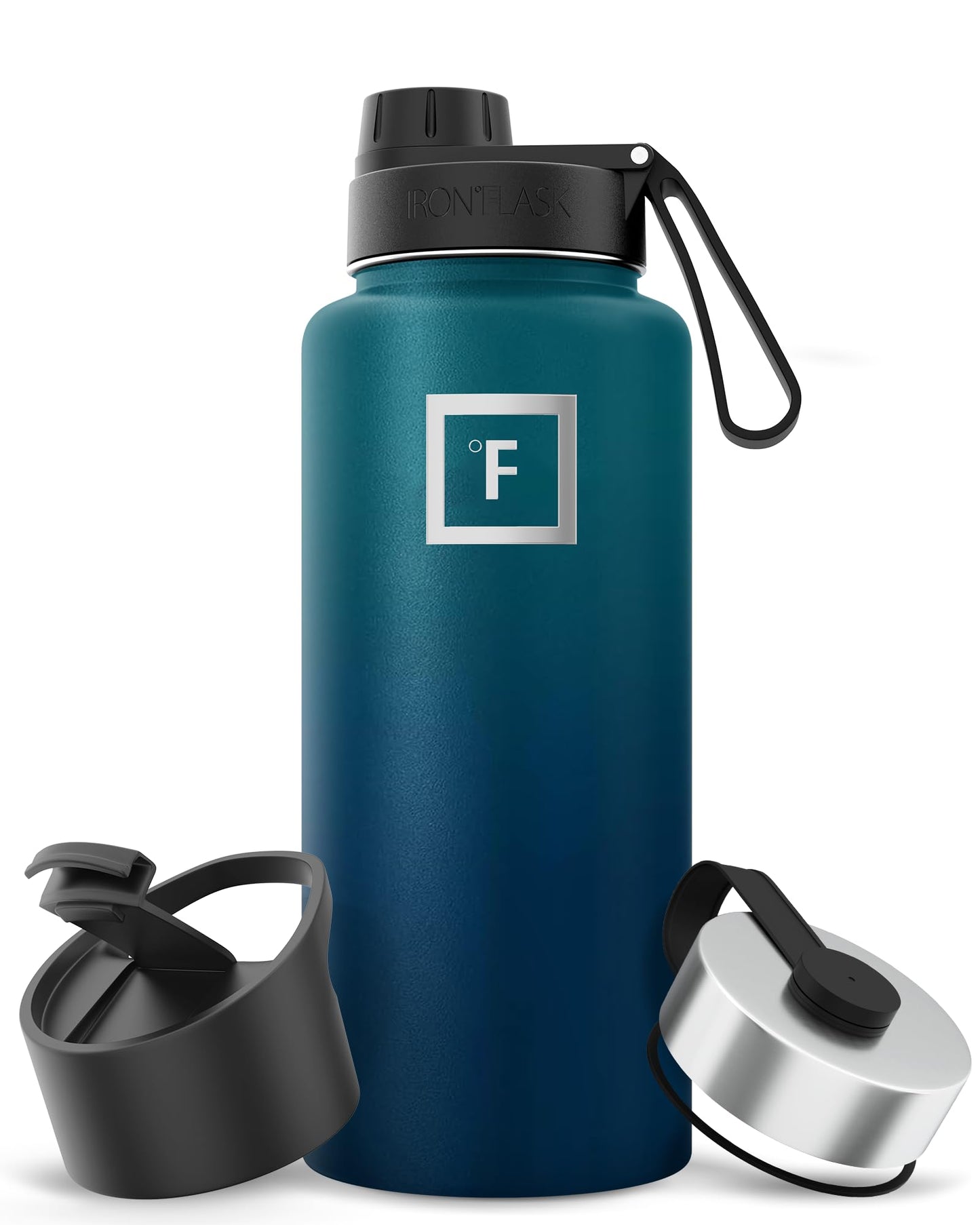 Bouteille d'hydratation de camping et de randonnée IRON °FLASK avec 3 couvercles - Bouteille d'eau en acier inoxydable, à double paroi et isolée sous vide - Anti-fuite et sans BPA (Dark Night, Straw - 32 oz) 